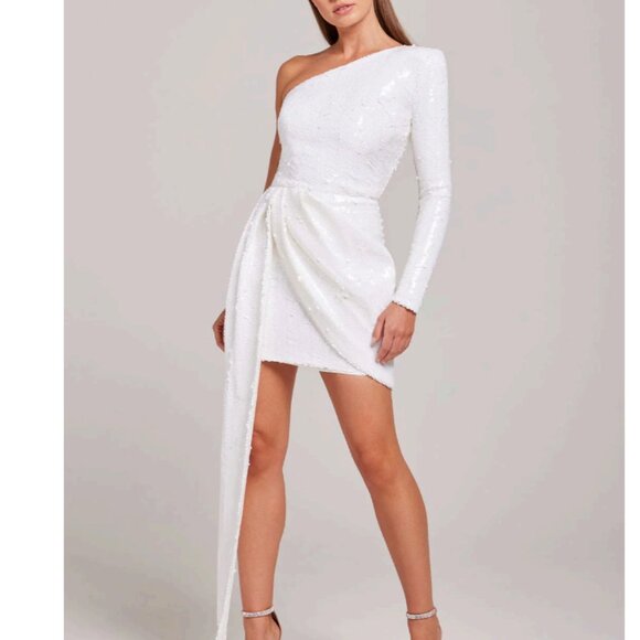 NADINE MERABI Dresses & Skirts - Nadine Merabi Asymmetrical One Shoulder Celina White Sequin Mini Dress Size XS